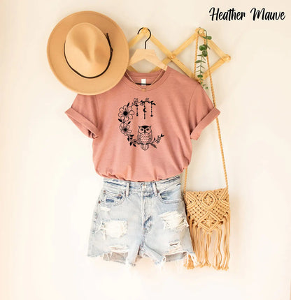 Floral Owl Moon, Boho Shirt for Women